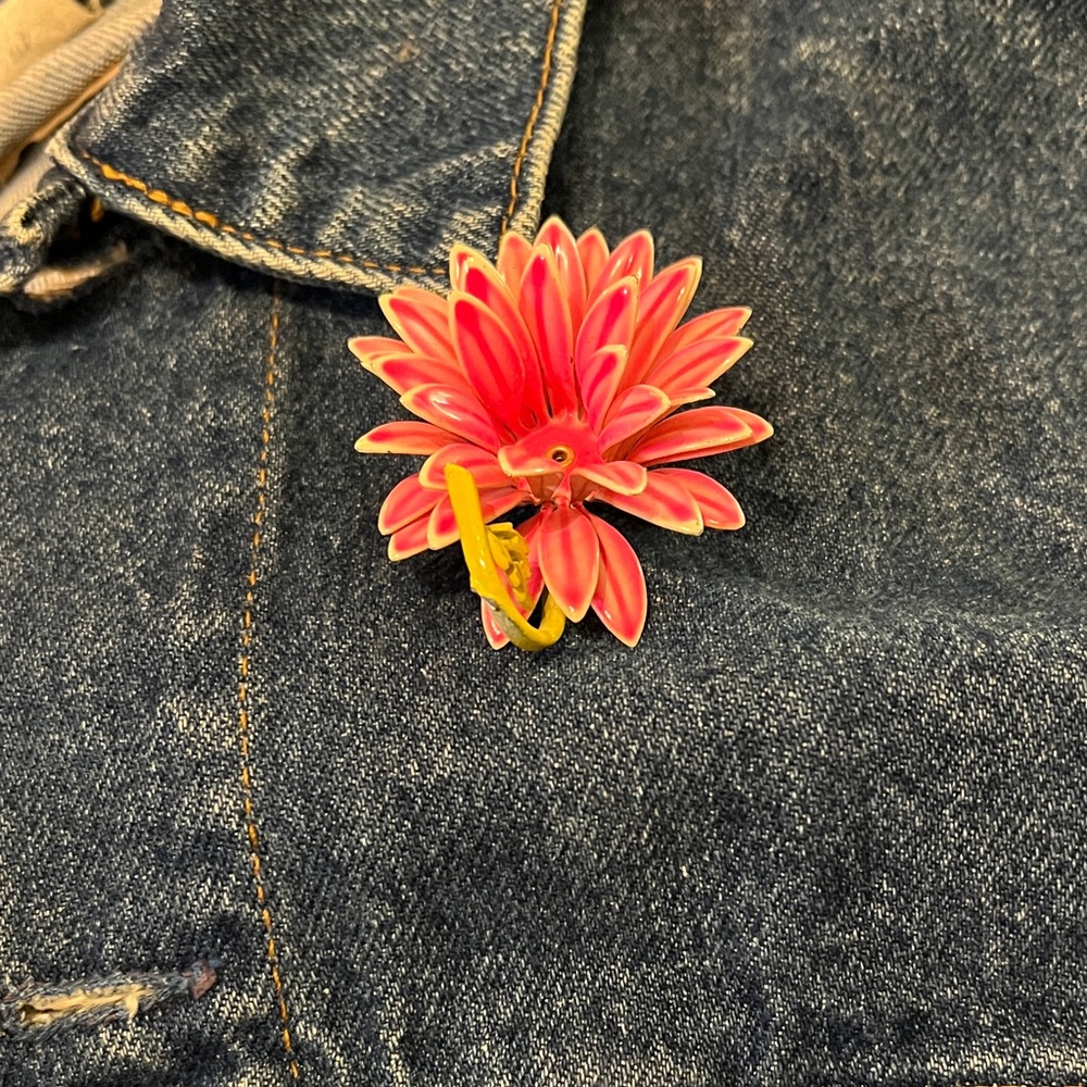 Enameled Pink Flower Brooch